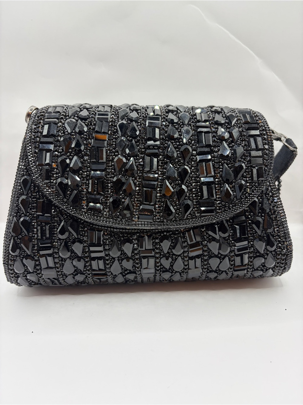 Premium Black Handmade Beaded Evening Clutch With Hanging Beads